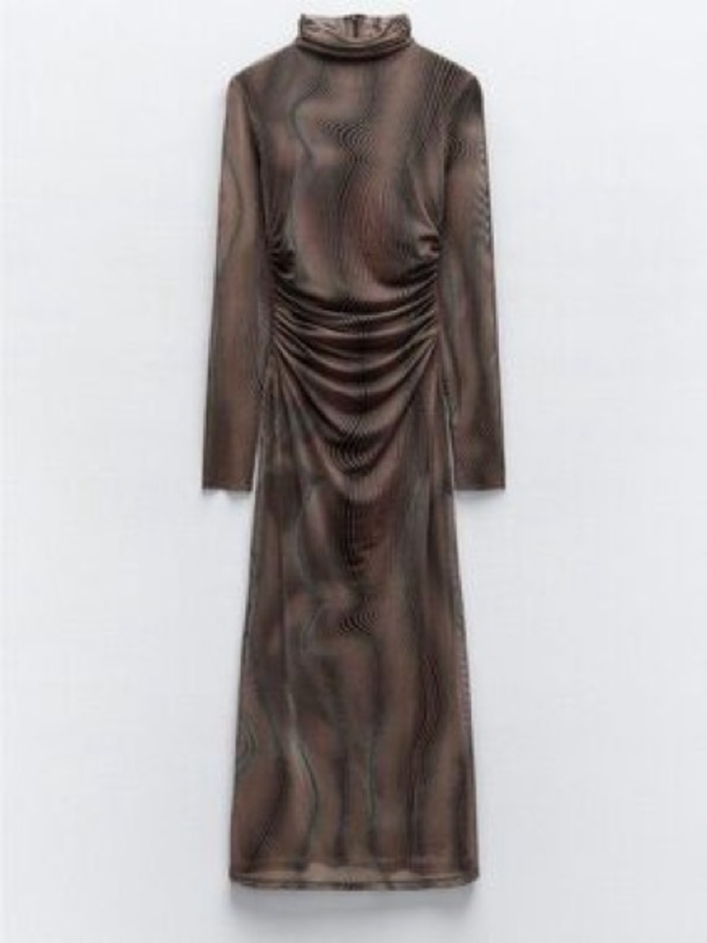 Zara Brown Mock-Neck Long-Sleeve Ruched Midi Dress